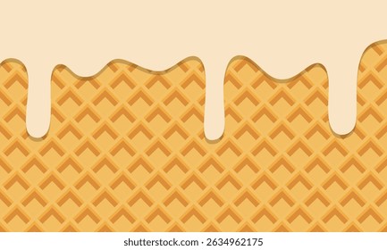 Queda de sorvete de baunilha derretida no fundo de textura de cone de sorvete. Сresma derretida sobre fundo waffle. Sorvete doce padrão sem emenda fluindo para baixo no cone. 
