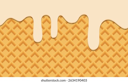Helado de vainilla derretido que cae sobre la ilustración gráfica de fondo cuadrado de textura de cono de helado. Derretir el helado de vainilla sobre fondo de oblea