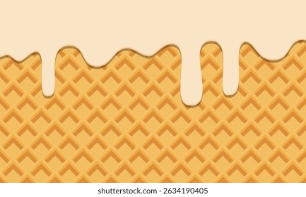 Melted vanilla ice cream dropping on ice cream cone texture square background graphic illustration. Melting vanilla ice cream on wafer background