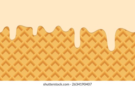 Melted vanilla ice cream dropping on ice cream cone texture square background graphic illustration. Melting vanilla ice cream on wafer background