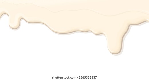 Melted vanilla ice cream pouring on white background graphic illustration have blank space. Milk flowing on white background. Sweetened condensed milk dropping.