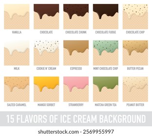 Melted various flavors ice cream dropping on ice cream cone texture square background template graphic illustration have blank space.