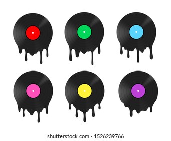 Melted vinyl record with dripping drops. Vector illustration