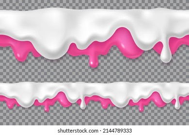 Melted white and pink icing or sweet sauce drop set. Berry yogurt design. Realistic 3d horizontal leaking syrup dripping collection isolated on transparent background. Edge decoration