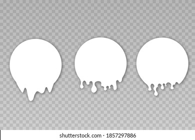 Melted white sticker. Paint drip stickers, circle white melt drop vector icons. 