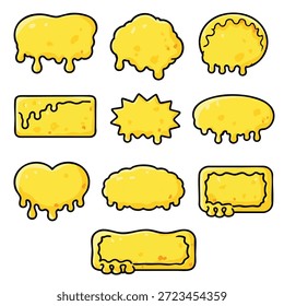 Un queso amarillo derretido se ampolla en varias Formas de dibujos animados, incluyendo el corazón, el estallido estelar y el rectángulo, con textura pegajosa y bordes goteantes, aislados sobre fondo blanco