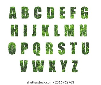 ilustração do alfabeto de fusão, efeito de texto de arte sombria para design, fonte tipográfica. Green Font Coleção de Folhas Inglês Alfabeto, isolado no fundo branco. verão e eco conceito idea.Grass Font