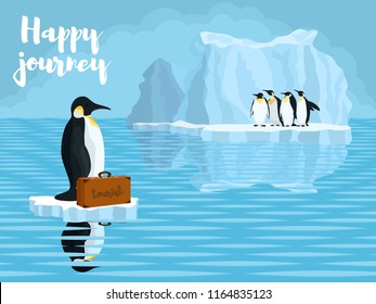 melting of Antarctica penguins in the snow near the water.stock vector illustration