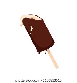 Melting bitten chocolate popsicle on wooden stick, ice cream drops flow down from brown bar with glaze. Summer sweet tasty dessert melt, soft delicious popsicle for heat cartoon vector illustration