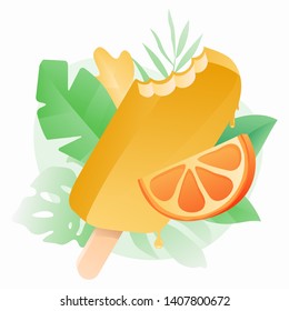 Melting bitten popsicle and orange slice vector illustration. Summer design concept with tropical leaves background. Square on white.