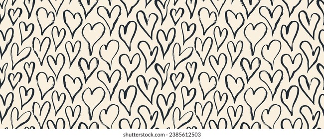 Melting black linear hearts seamless banner design. Valentine's day seamless pattern with outlined heart symbols. Liquid romantic shape wallpaper design. Brush drawn linear love shapes.