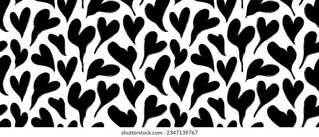 Melting black love hearts seamless pattern. Valentine's day holiday banner with wavy doodle hearts. Liquid romantic shapes wedding wallpaper design. Vector psychedelic pattern in groovy style.