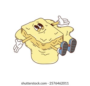 Melting butter retro groovy breakfast character. Isolated cartoon vector delightful pat of butter personage lying in liquid melt buttery puddle with a joyful face expression, with outstretched hands