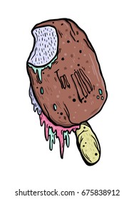 Melting cartoon ice cream on a stick. Bite off ice cream.Trippy vector hand drawn illustration. 
 Weird eskimo pie isolated in white.