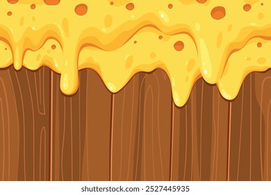 melting cheese illustration on a wood backgound, yellow emmental cheese, raclette, maasdam vector flat hand drawn style