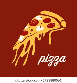 Derretir la pizza de queso rebanada de Ilustración vectorial con pepperoni y mozzarella. Diseño plano atrevido perfecto para carteles de comida, menús, empaques, pegatinas, marcas de comida rápida y promociones de restaurantes.