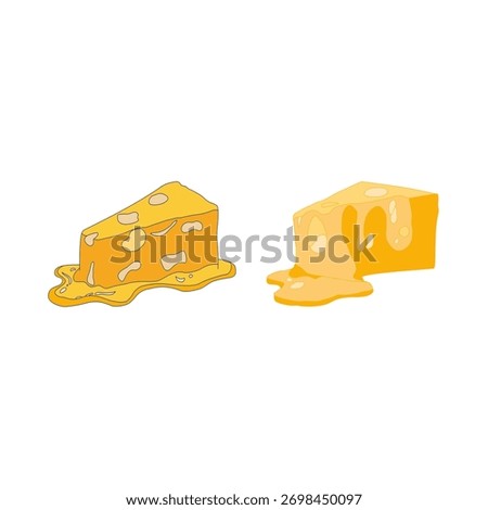 Melting cheese slice dripping. Gooey tasty dairy topping. Cheddar mozzarella snack icon. Creamy food ingredient for pizza sandwich burger design. Minimal outline vector and cartoon fill style.
