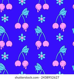 Melting cherry seamless pattern with flowers and leaves in doodle style. Trendy liquid fruit psychedelic background with funky nature elements and vibrant acid colors. Repeat vector illustration