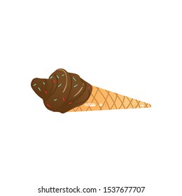 Melting chocolate ice cream balls in the waffle cone vector illustration isolated on white background. Summer chilling cold dessert icon for prints and package design.