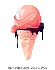 Melting chocolate ice cream cone icon isolated