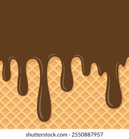 Melting chocolate ice cream on wafer background. Waffle cone with dripping liquid dessert texture. Square shaped sweet ice cream boarder. Vector illustration.