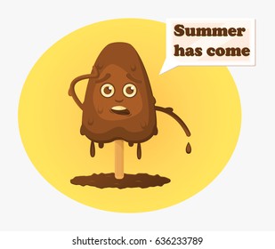 Melting chocolate ice cream on a stick with emotions. Isolated in a circle with the dialog box "Summer has come". The emotion of panic, fear, worried. Cartoon style, summer, vector illustration.