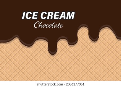 Melting chocolate ice cream with waffle background.