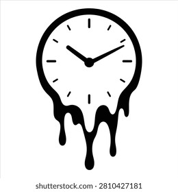 Melting clock icon black and white vector symbol representing passing time with dripping abstract temporary transience distorted artistic minimalist isolated clockwork duration surrealism