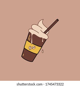 Melting Coffee Milkshake Takeaway vector with straw, on plain brown pastel background