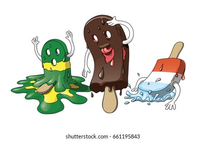 Melting colorful tasty ice cream in panic, it is hot Summer, it is icepocalypse