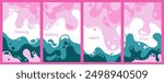 Melting colorful waves pattern summer banners. Bubble splashes and streams vector pack box covers. Fluid liquid flowing paint flyers. Wavy surface posters. Fluid with bubbles, melting shapes