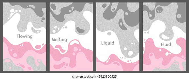 Melting colorful waves pattern summer banners. Bubble splashes and streams vector pack box covers. Fluid liquid flowing paint patterns. Wavy surface leaflets. Liquid bubbles, melting shapes