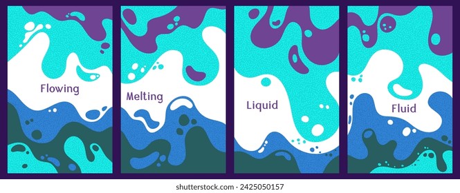 Melting colorful waves pattern summer banners. Bubble splashes and streams vector templates set. Fluid liquid flowing paint backgrounds. Wavy surface leaflets. Fluid droplets, melting shapes