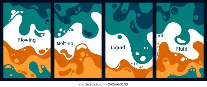 Melting colorful waves pattern summer banners. Bubble splashes and streams vector templates set. Fluid liquid flowing paint flyers. Wavy surface posters. Fluid droplets, melting shapes
