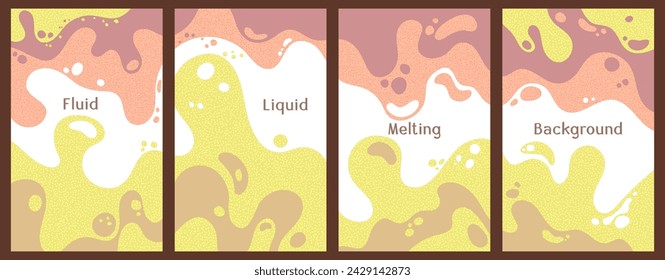 Melting colorful waves pattern summer banners. Bubble splashes and streams vector templates set. Fluid liquid flowing paint flyers. Wavy surface brochures. Liquid bubbles, melting shapes