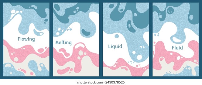 Melting colorful waves pattern summer banners. Bubble splashes and streams vector templates set. Fluid liquid flowing paint backgrounds. Wavy surface brochures. Liquid bubbles, melting shapes