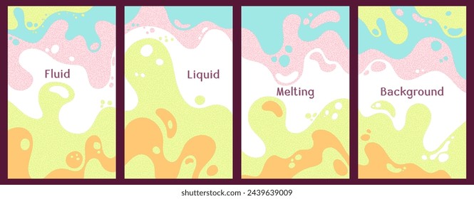 Melting colorful waves pattern summer banners. Bubble splashes and streams vector templates set. Fluid liquid flowing paint flyers. Wavy surface brochures. Liquid droplets, melting shapes