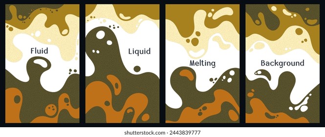 Melting colorful waves pattern summer banners. Bubble splashes and streams vector templates set. Fluid liquid flowing paint backgrounds. Wavy surface posters. Liquid bubbles, melting shapes