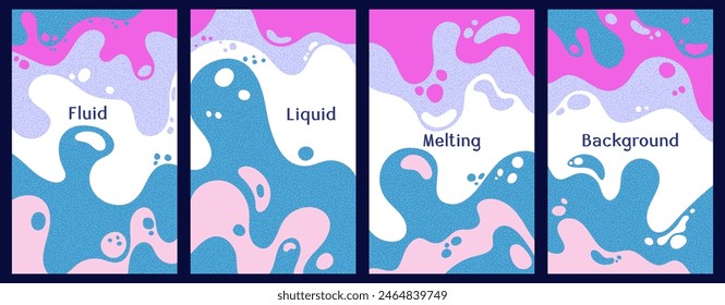 Melting colorful waves pattern summer banners. Bubble splashes and streams vector templates set. Fluid liquid flowing paint backgrounds. Wavy surface posters. Fluid droplets, melting shapes