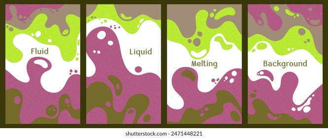 Melting colorful waves pattern summer banners. Bubble splashes and streams vector pack box covers. Fluid liquid flowing paint patterns. Wavy surface posters. Liquid droplets, melting shapes