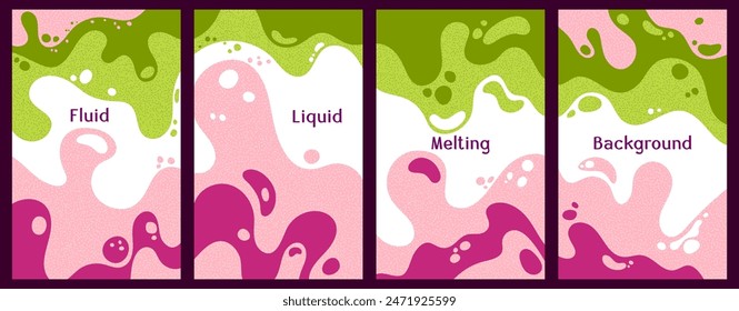 Melting colorful waves pattern summer banners. Bubble splashes and streams vector templates set. Fluid liquid flowing paint flyers. Wavy surface leaflets. Fluid with bubbles, melting shapes