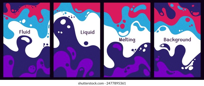 Melting colorful waves pattern summer banners. Bubble splashes and streams vector templates set. Fluid liquid flowing paint flyers. Wavy surface posters. Fluid droplets, melting shapes