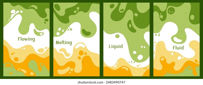 Melting colorful waves pattern summer banners. Bubble splashes and streams vector pack box covers. Fluid liquid flowing paint patterns. Wavy surface posters. Fluid with bubbles, melting shapes