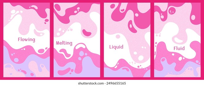 Melting colorful waves pattern summer banners. Bubble splashes and streams vector templates set. Fluid liquid flowing paint flyers. Wavy surface posters. Liquid bubbles, melting shapes