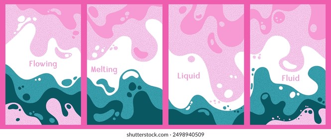 Melting colorful waves pattern summer banners. Bubble splashes and streams vector pack box covers. Fluid liquid flowing paint flyers. Wavy surface posters. Fluid with bubbles, melting shapes