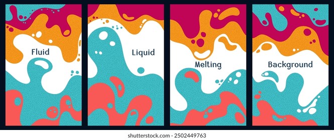 Anuncios de verano de patrón de ondas coloridas que se derriten. Salpicaduras de burbujas y corrientes de Vector paquete de cajas cubiertas. Patrones de pintura que fluyen líquidos. Carteles de superficie ondulada. Líquido con burbujas, Formas de fusión
