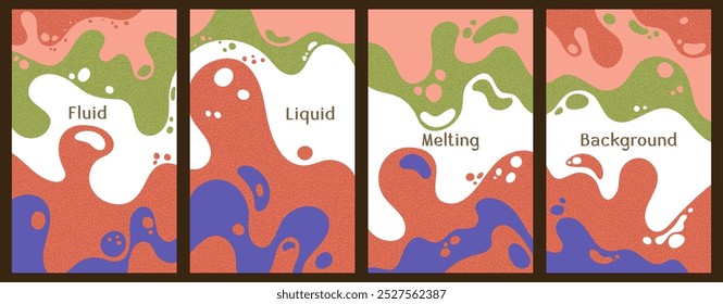 Melting colorful waves pattern summer banners. Bubble splashes and streams vector templates set. Fluid liquid flowing paint flyers. Wavy surface brochures. Fluid droplets, melting shapes