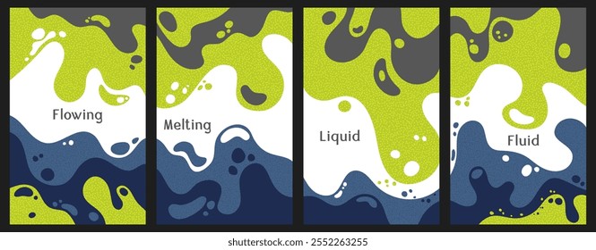 Derretimento colorido ondas padrão faixas de verão. Bolhas espirra e fluxos vetor caixa de embalagem cobre. Padrões de tinta fluidos líquidos fluidos. Cartazes ondulados. Gotículas de fluido, formas de fusão