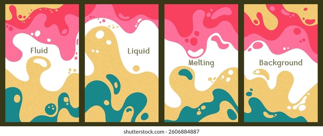 Melting colorful waves pattern summer banners. Bubble splashes and streams vector templates set. Fluid liquid flowing paint backgrounds. Wavy surface leaflets. Fluid droplets, melting shapes
