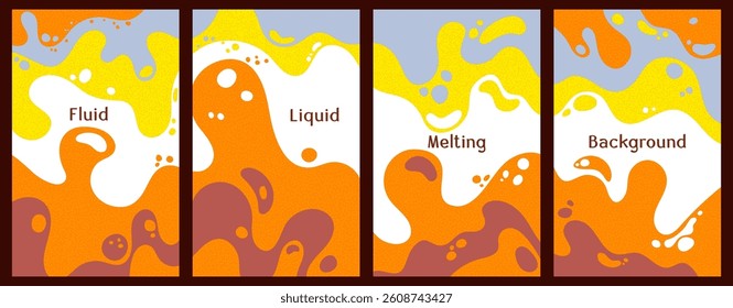 Melting colorful waves pattern summer banners. Bubble splashes and streams vector templates set. Fluid liquid flowing paint backgrounds. Wavy surface posters. Liquid bubbles, melting shapes